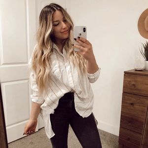 Pink pin stripe button down top